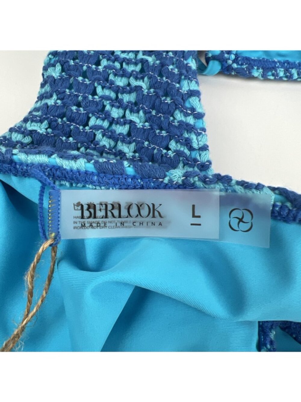 Berlook Crochet Bikini Set Large Teal Blue Striped Removable Cups NWT - Picture 3 of 5